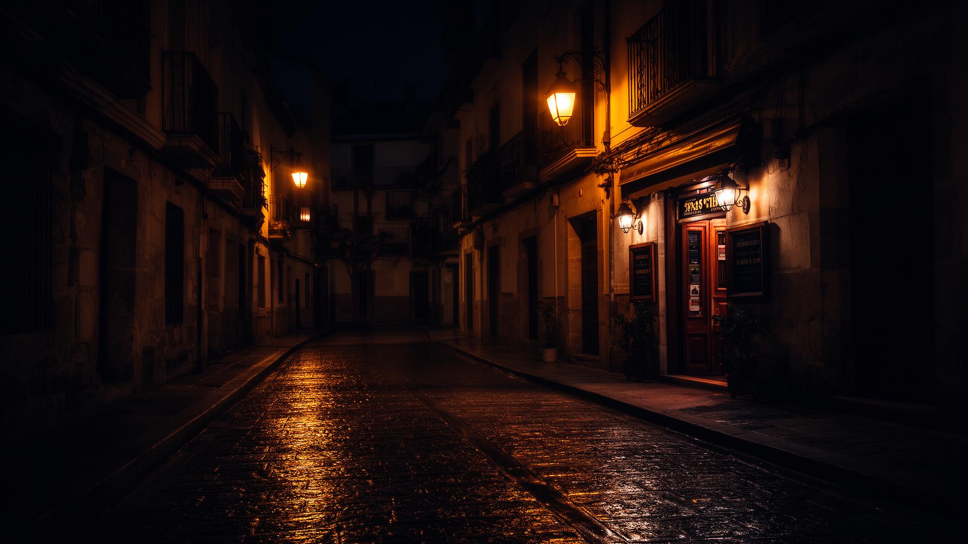 Calle antigua iluminada en una ciudad española al anochecer